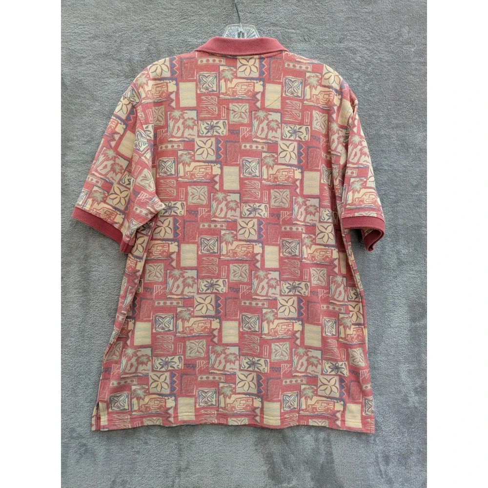 Tropical Geometric Polo Shirt Mens XL Red Palm‎ Tree Off Road Vehicle